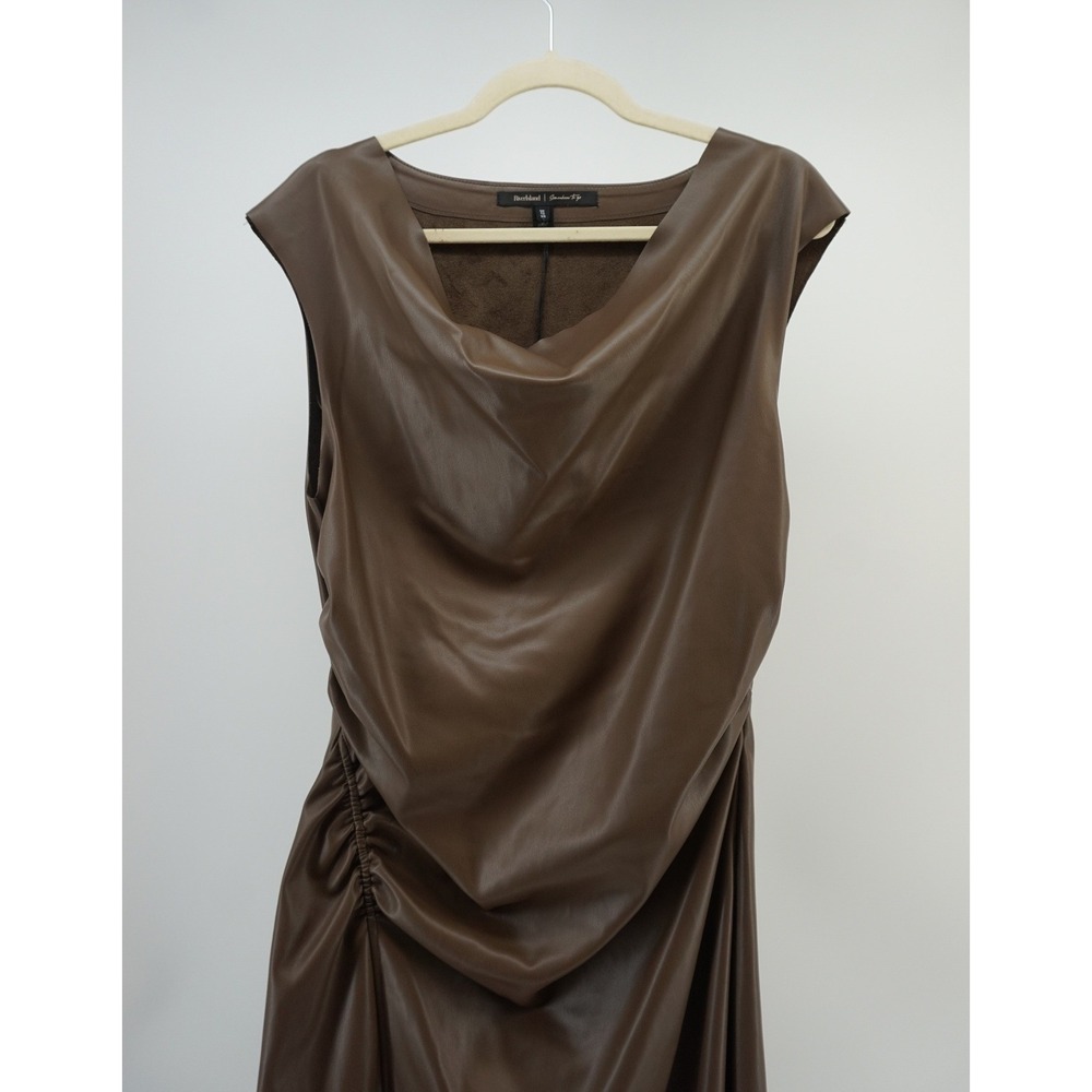River Island Drape Cowl Neck Ruched Midi Dress Faux Leather Slit Brown US 8 NEW - Picture 3 of 9